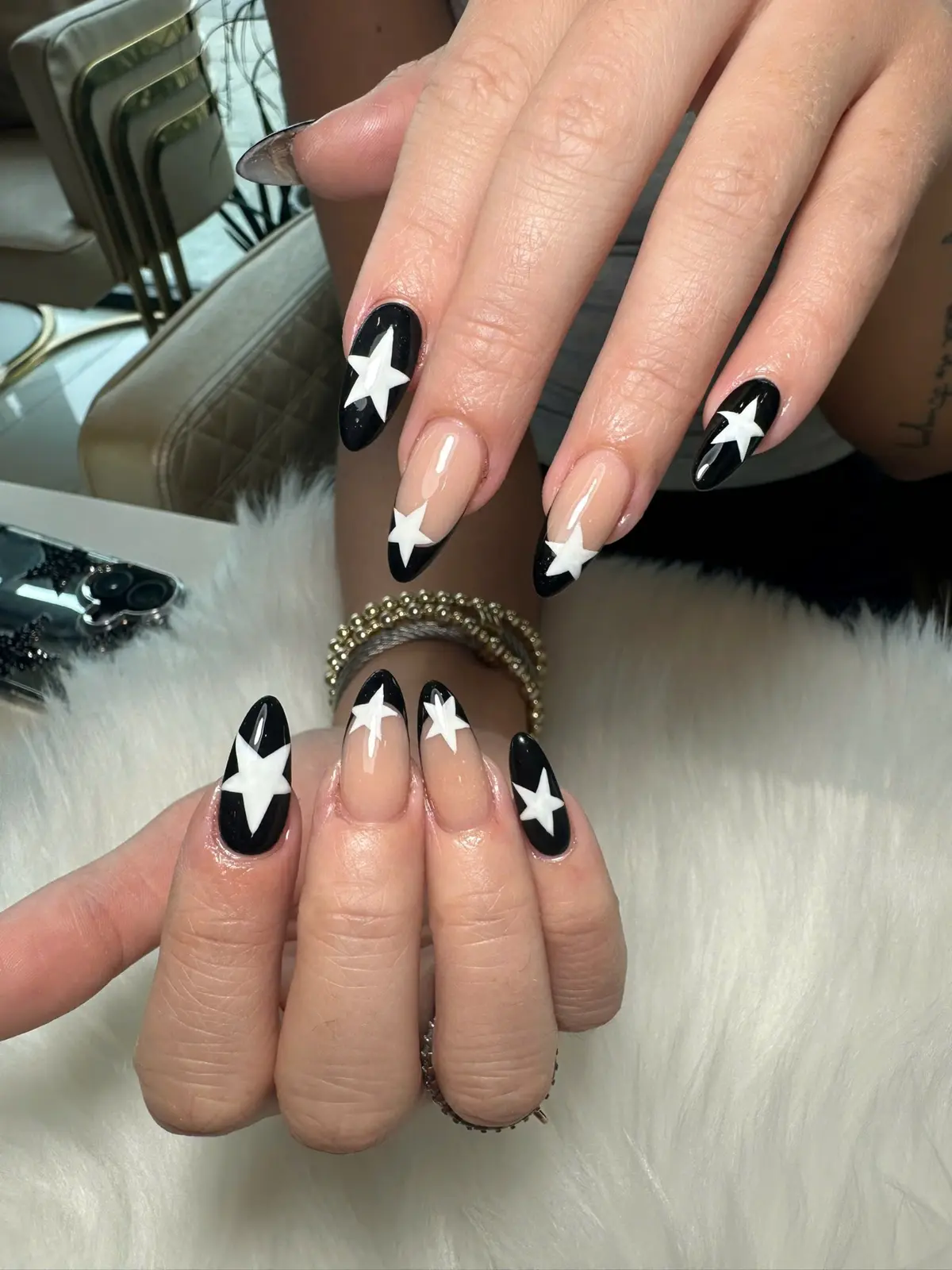 Black White Star Almond Nail Art in San Marcos, TX