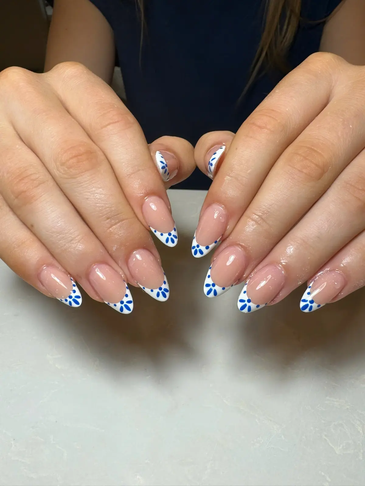 Blue Floral French Almond Nails in San Marcos, TX