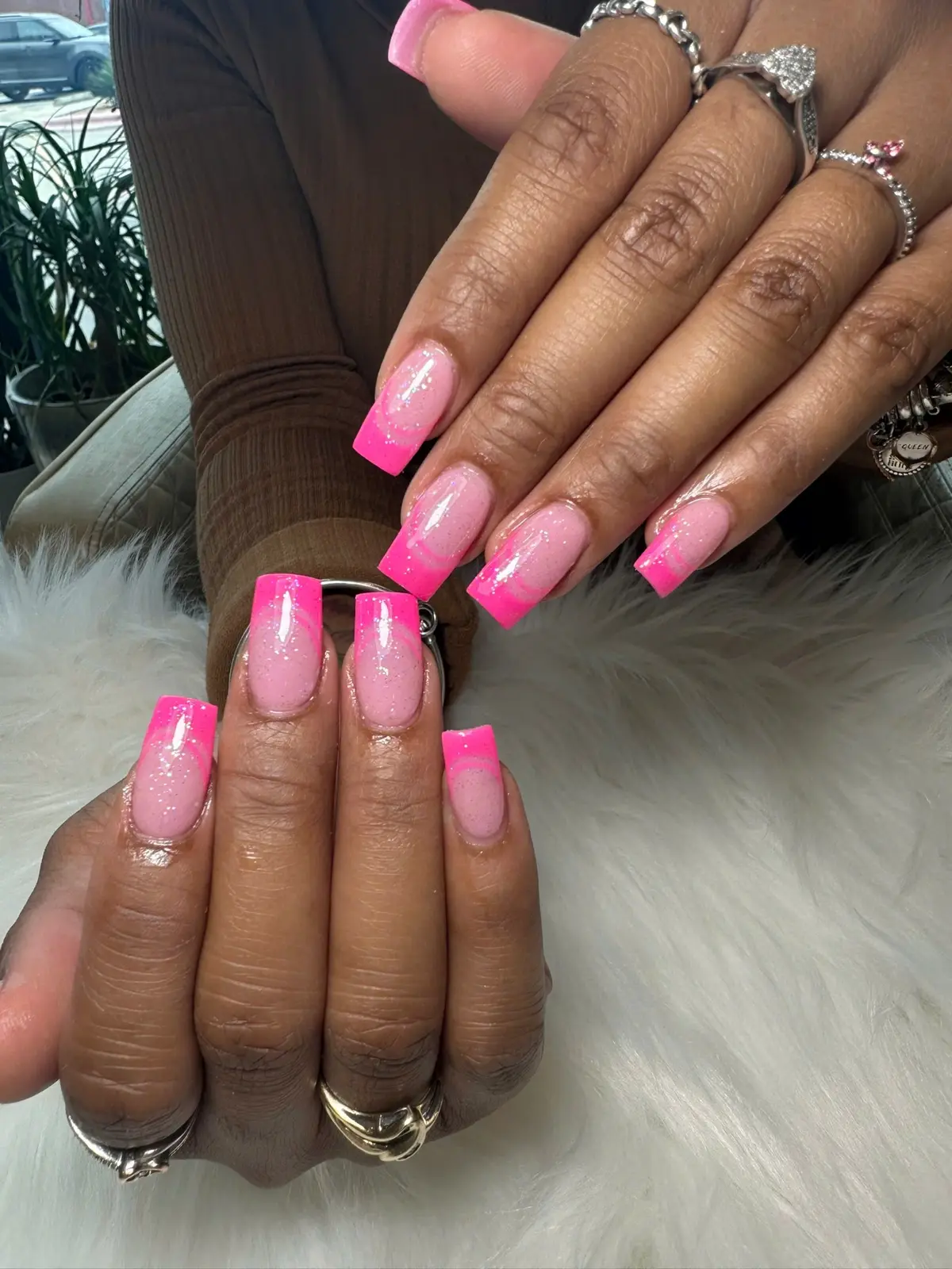 Hot Pink Glitter French Acrylic in San Marcos, TX
