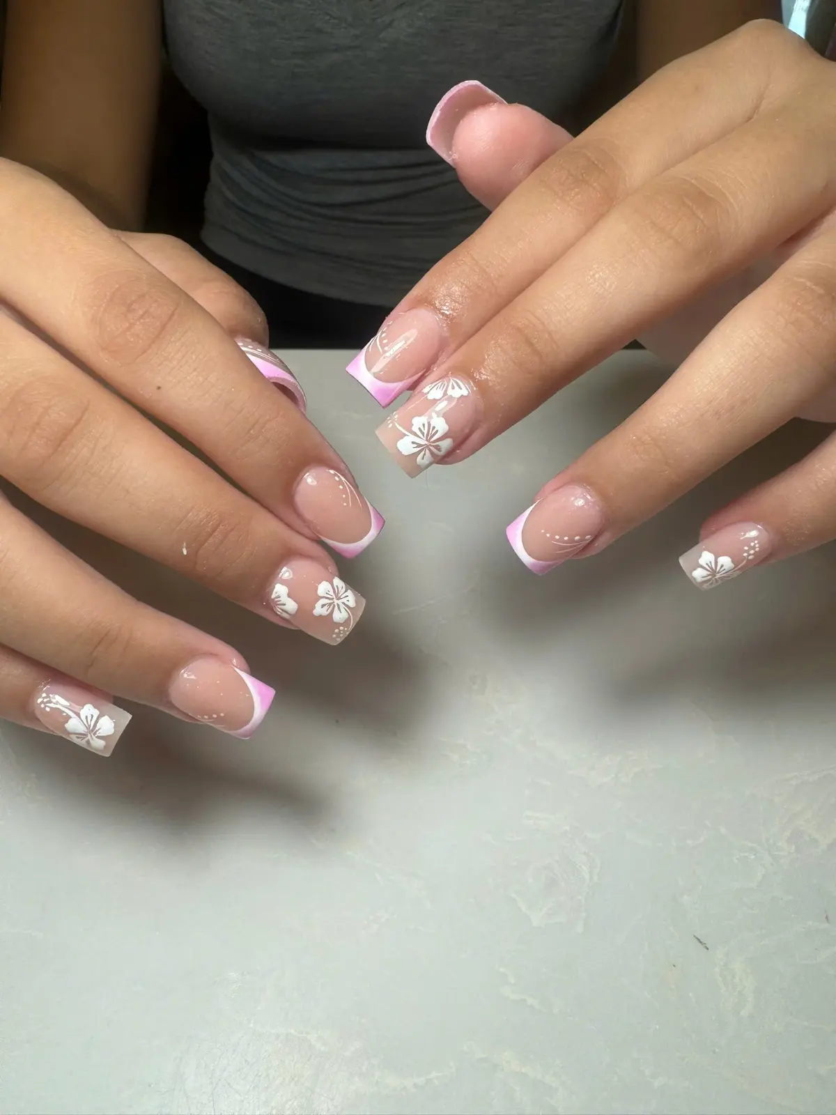 Pink Floral French Square Nails in San Marcos, TX
