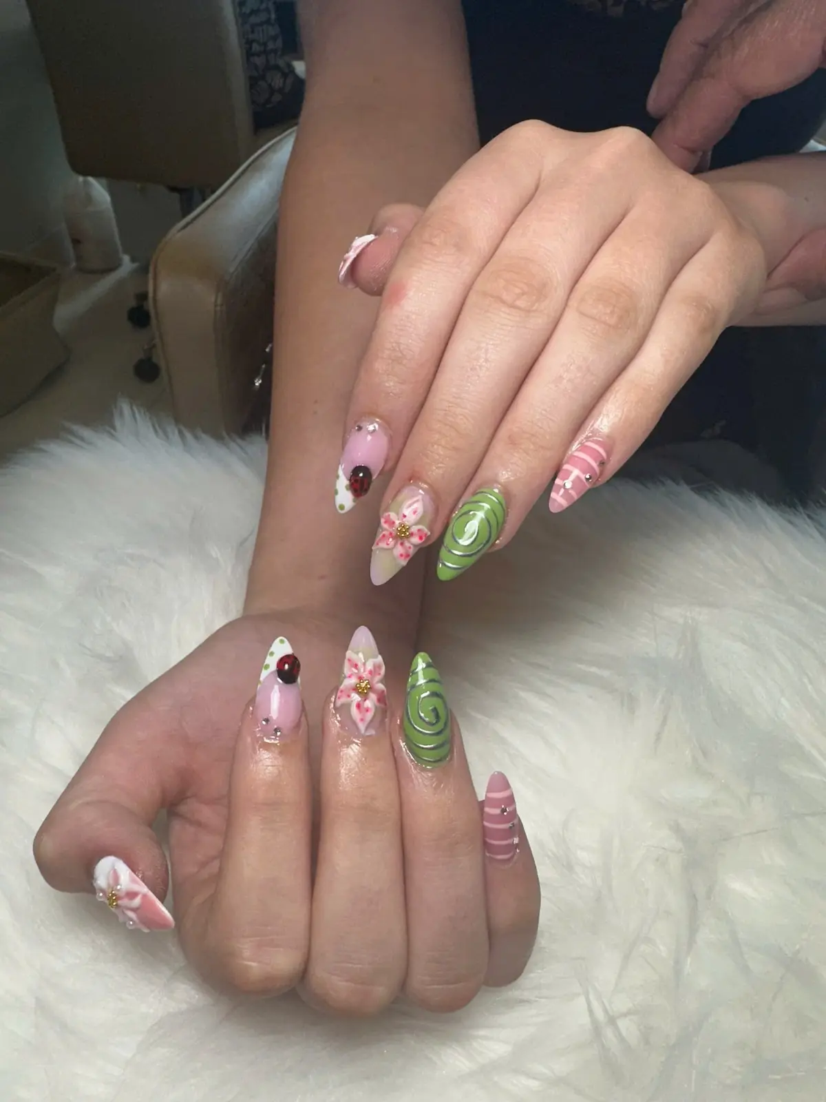 Pink Green Floral 3D Nail Art in San Marcos, TX