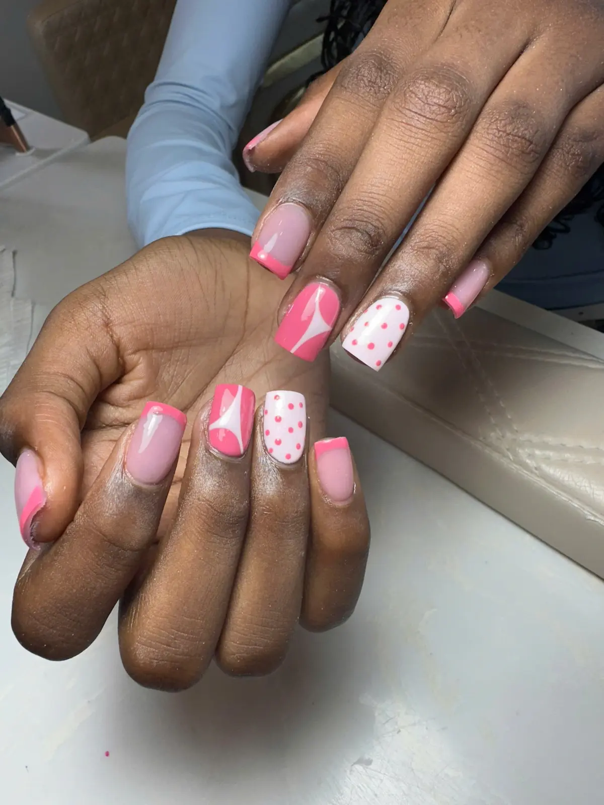 Pink Polka Dot Acrylic Nails in San Marcos, TX