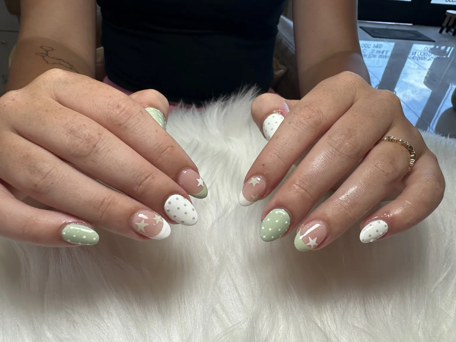 Sage Green Star Polka Dot Manicure in San Marcos, TX