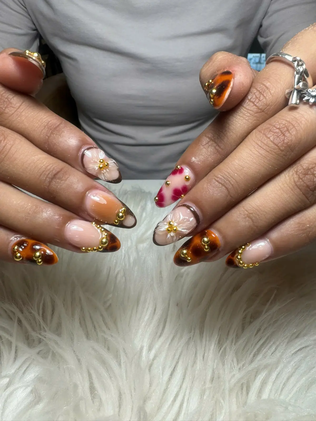Tortoiseshell Gold 3D Floral Nail Art in San Marcos, TX