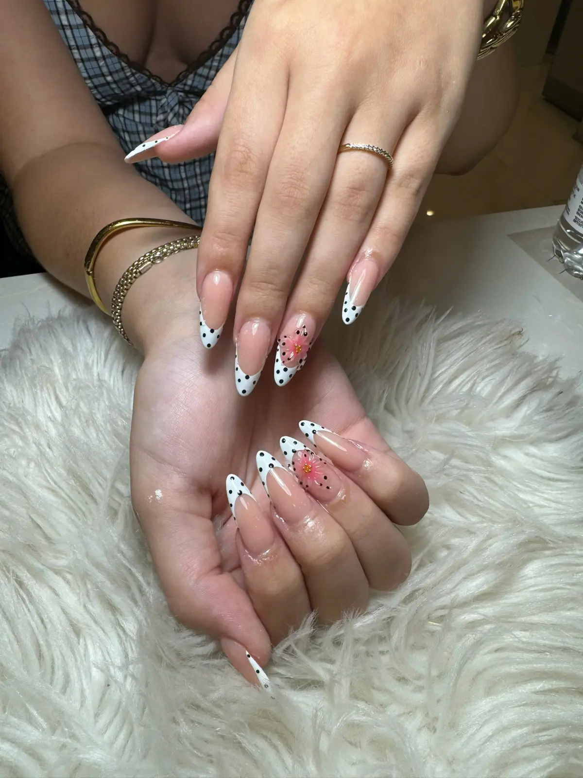 White Polka Dot 3D Flower French Nails in San Marcos, TX